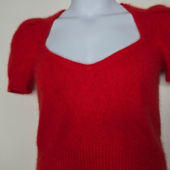 Moda International Angora Blend Sweater Large Puff Sleeve Red Top Sweatheart - Picture 3 of 7
